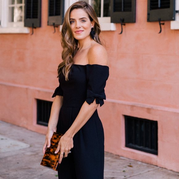 Gal Meets Glam Collection - Meredith pink jumpsuit - off the shoulder with bows - Picture 15 of 15